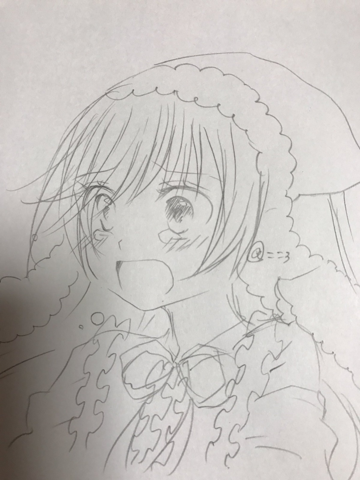 1girl blush frills greyscale image long_sleeves monochrome open_mouth solo suiseiseki tears traditional_media upper_body
