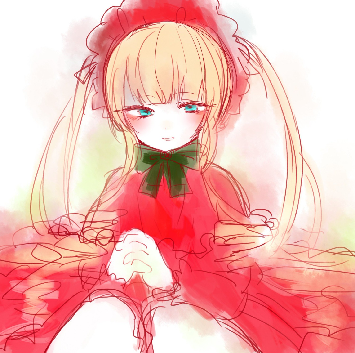 1girl blonde_hair blue_eyes blush bonnet bow bowtie dress image long_hair long_sleeves looking_at_viewer red_dress shinku sitting sketch solo twintails very_long_hair