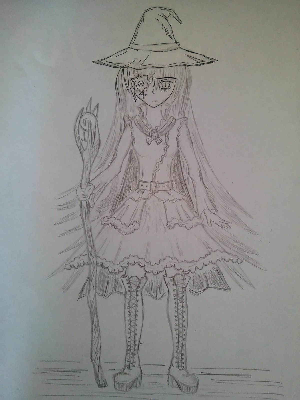 1girl boots cross-laced_footwear dress full_body greyscale hat image kirakishou lace-up_boots lineart long_hair monochrome sketch solo staff standing thigh_boots traditional_media witch_hat