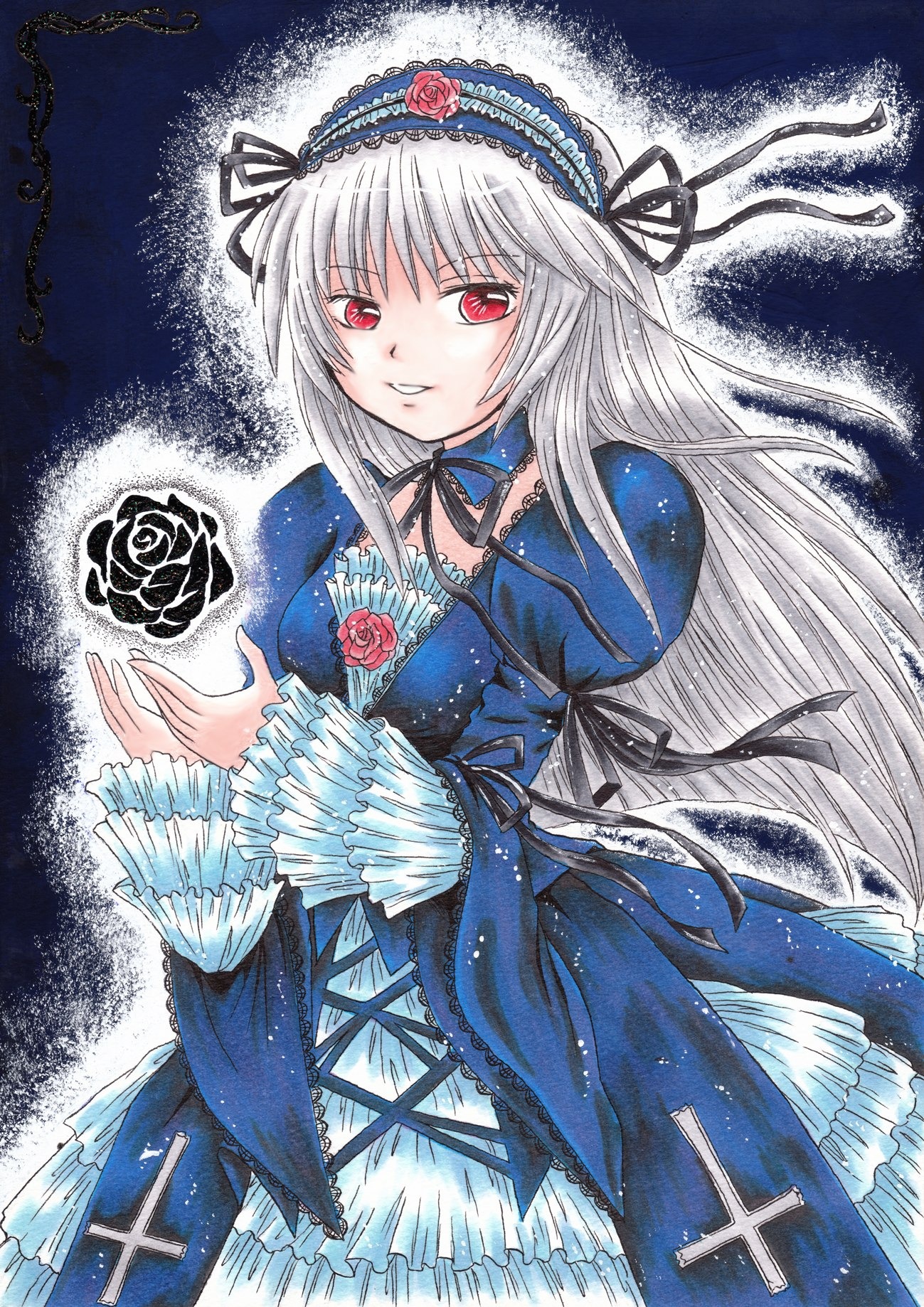 1girl blue_flower blue_rose dress flower frills hairband image lolita_fashion long_hair long_sleeves looking_at_viewer marker_(medium) red_eyes ribbon rose solo suigintou traditional_media wings