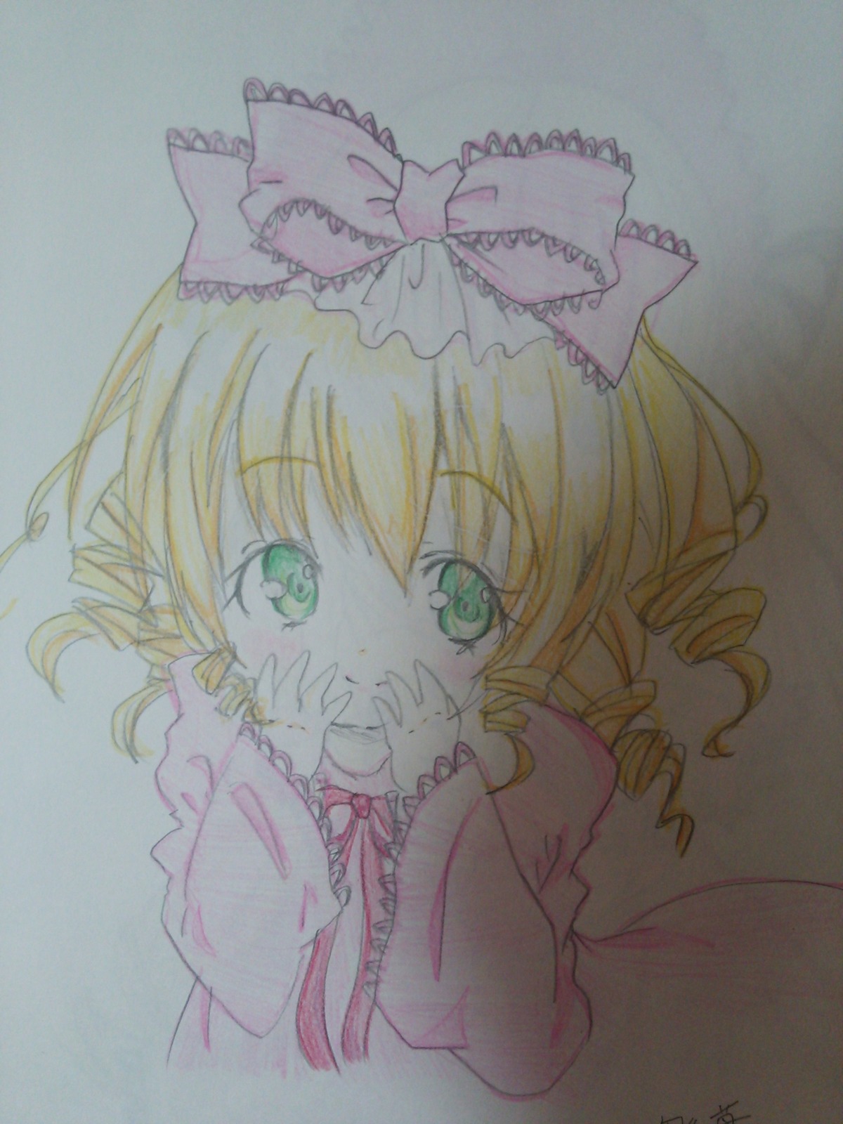 1girl artist_name blonde_hair blush bow colored_pencil_(medium) dress drill_hair eyebrows_visible_through_hair graphite_(medium) green_eyes hands_on_own_face hina_ichigo hinaichigo image long_sleeves looking_at_viewer marker_(medium) photo pink_bow signature solo traditional_media upper_body watercolor_(medium)