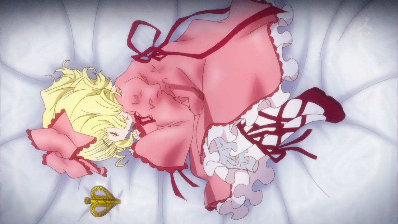 1girl blonde_hair bow closed_eyes dress frills hair_bow hina_ichigo hinaichigo image long_sleeves lying medicine_melancholy on_side pink_bow pink_dress profile red_footwear ribbon short_hair sleeping solo