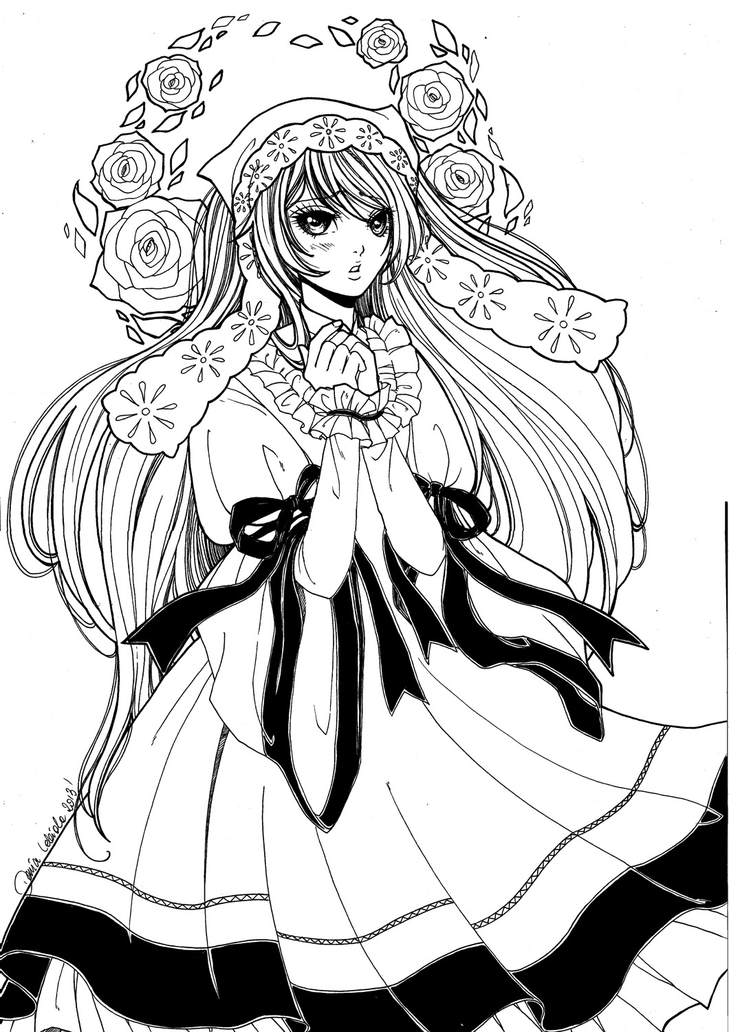 1girl dress flower frills greyscale image long_hair long_sleeves monochrome ribbon rose solo suiseiseki thorns very_long_hair