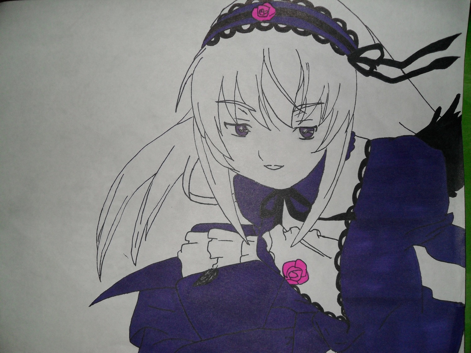 1girl dress flower frilled_sleeves frills hairband image long_hair long_sleeves looking_at_viewer rose smile solo suigintou traditional_media upper_body wings