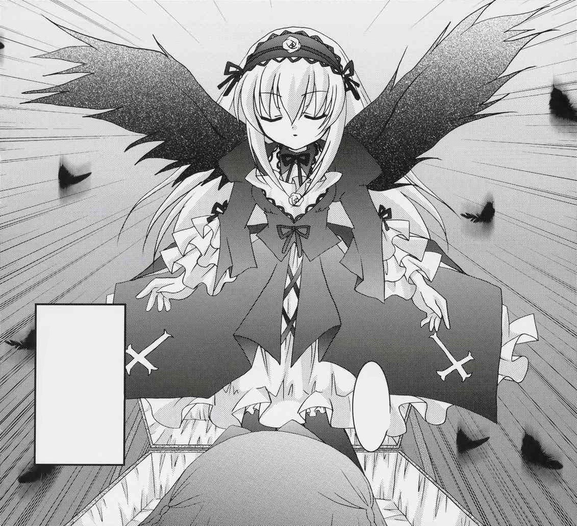 1girl black_wings closed_eyes dress feathers flower frills greyscale hairband image long_hair long_sleeves monochrome ribbon solo suigintou very_long_hair wings