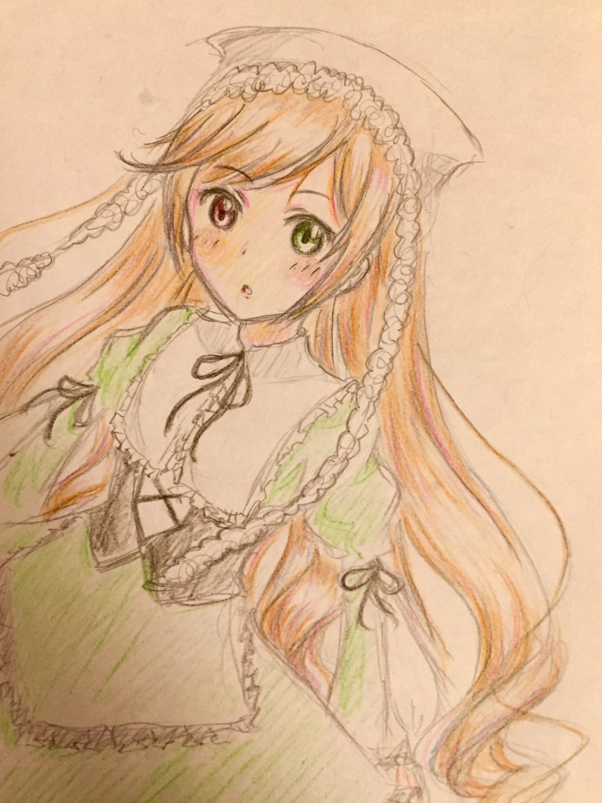 1girl :o black_ribbon blonde_hair brown_hair colored_pencil_(medium) dress frills green_dress green_eyes hat heterochromia image lolita_fashion long_hair long_sleeves looking_at_viewer ribbon simple_background solo suiseiseki traditional_media very_long_hair watercolor_(medium)