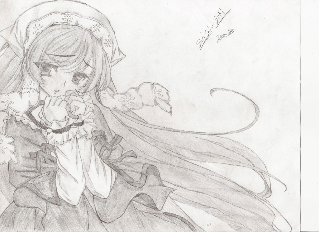 1girl dated dress eyebrows_visible_through_hair frills greyscale head_scarf image long_hair long_sleeves looking_at_viewer monochrome signature solo suiseiseki traditional_media very_long_hair