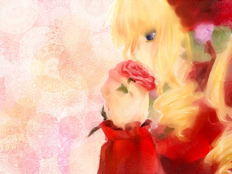 1girl blonde_hair blue_eyes dress flower image profile red_flower red_rose rose shinku solo upper_body
