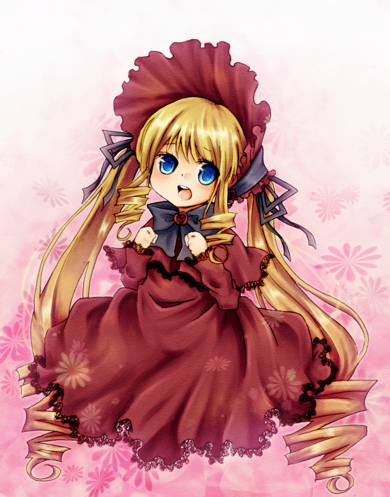 1girl blonde_hair blue_eyes blush bonnet bow bowtie dress drill_hair image long_hair long_sleeves looking_at_viewer open_mouth red_dress shinku solo twin_drills twintails very_long_hair