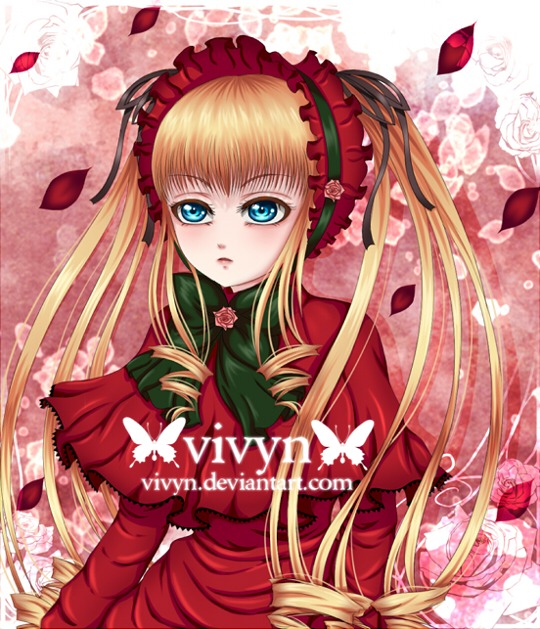 1girl blonde_hair blue_eyes bonnet bow bowtie bug butterfly dress drill_hair flower green_bow image insect long_hair looking_at_viewer petals red_dress rose rose_petals shinku sidelocks solo twintails