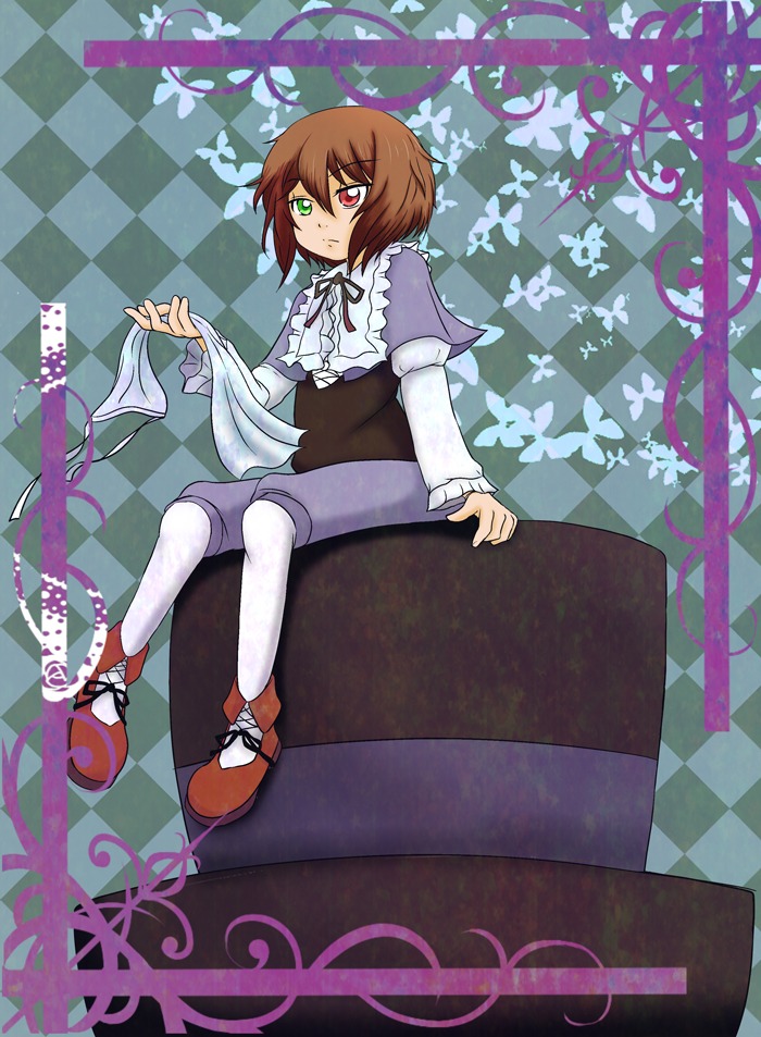 1boy argyle argyle_background argyle_legwear board_game brown_hair bug butterfly checkered checkered_background checkered_floor chess_piece crossed_legs dress green_eyes heterochromia image insect pantyhose perspective red_eyes shoes short_hair sitting solo souseiseki tile_floor tiles