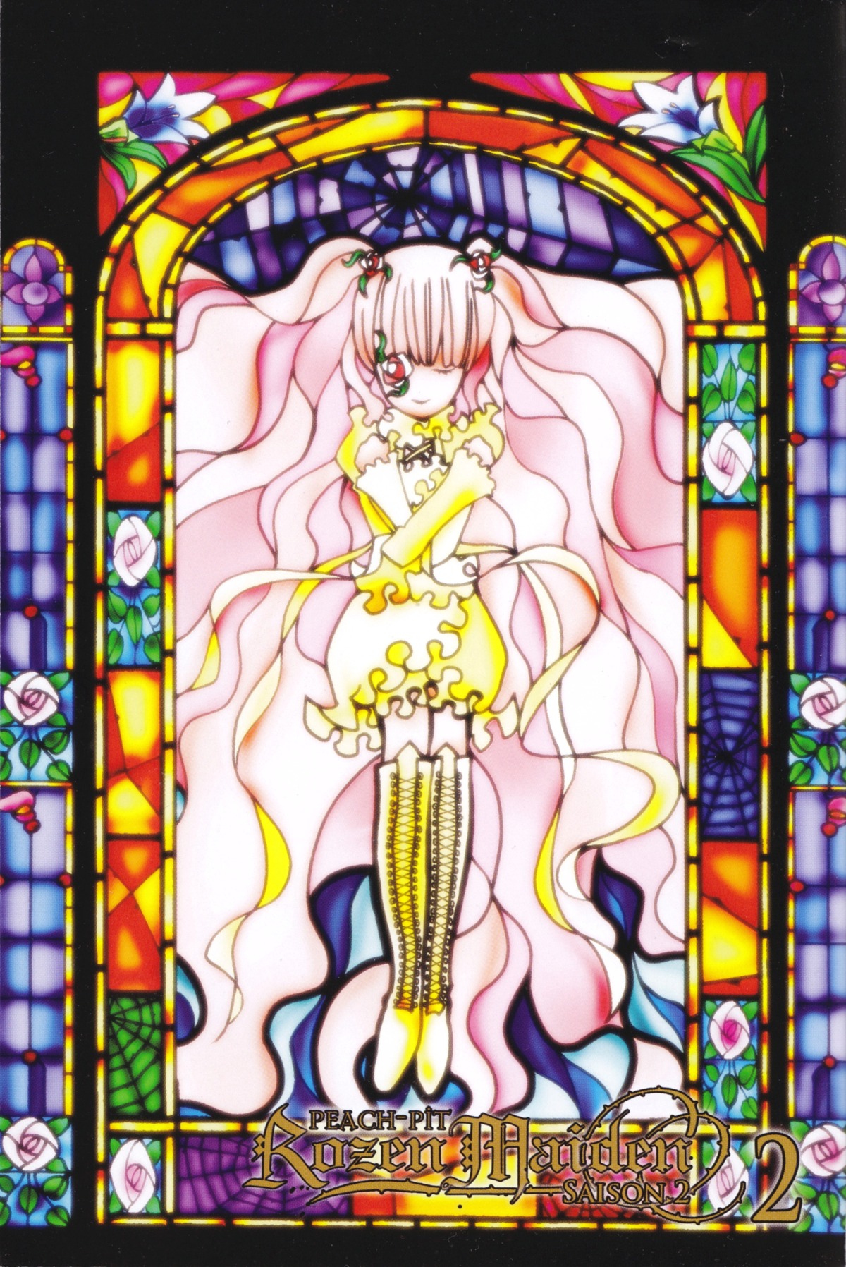 1girl dress eyepatch flower hair_ornament image kirakishou long_hair pink_flower pink_hair pink_rose plant rose solo stained_glass thorns twintails very_long_hair vines white_rose yellow_flower yellow_rose