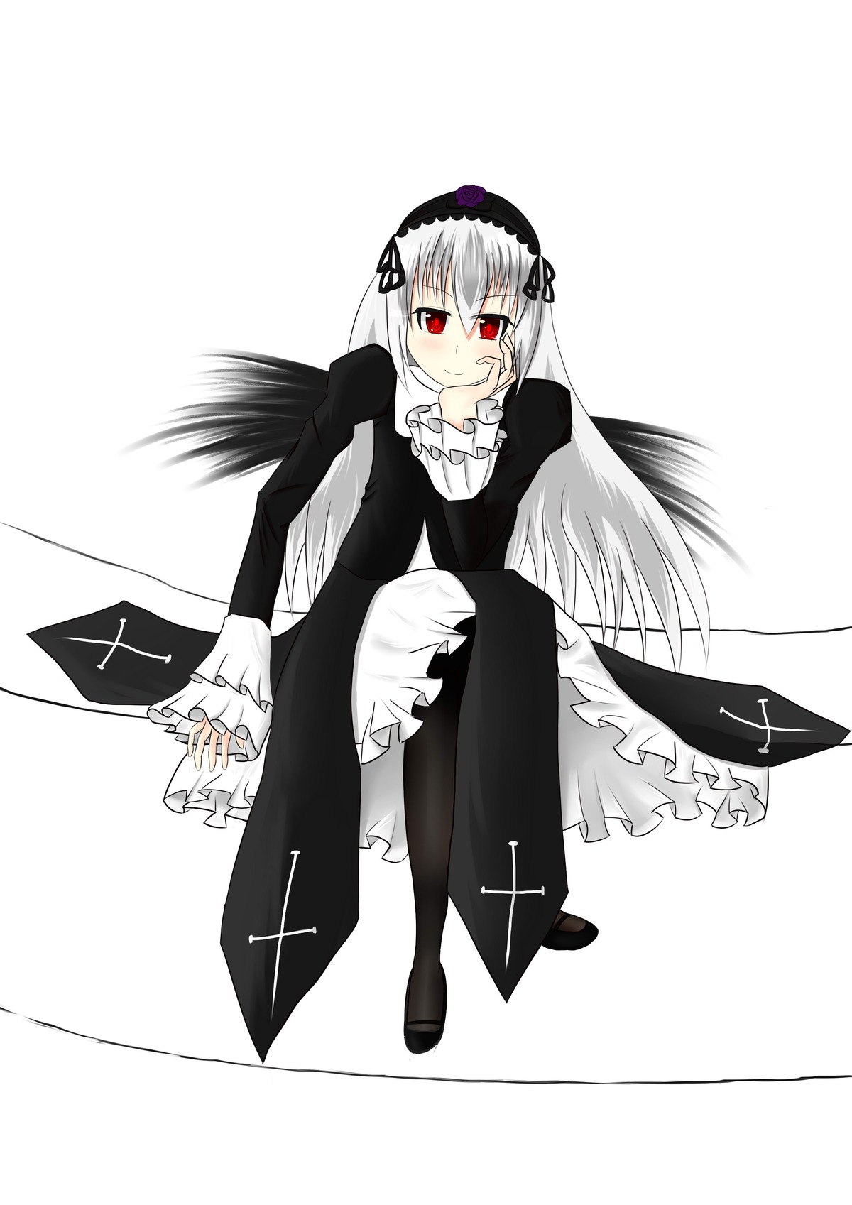 1girl bangs black_dress black_footwear black_wings blush closed_mouth dress eyebrows_visible_through_hair feathers frilled_sleeves frills full_body hairband image juliet_sleeves long_hair long_sleeves looking_at_viewer puffy_sleeves red_eyes silver_hair smile solo suigintou very_long_hair white_background wings