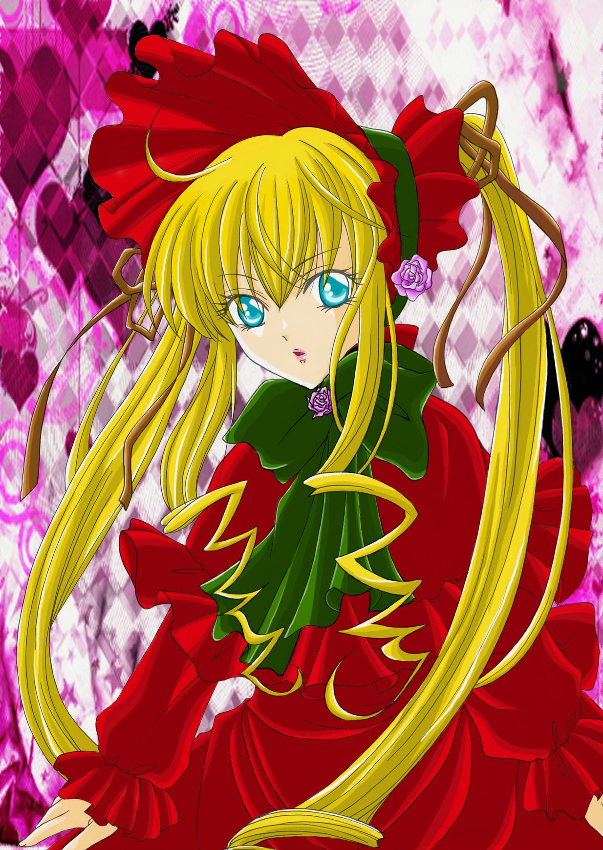 1girl blonde_hair blue_eyes bonnet bow bowtie capelet dress flower green_bow green_neckwear image long_hair long_sleeves looking_at_viewer red_dress rose shinku sidelocks solo twintails very_long_hair