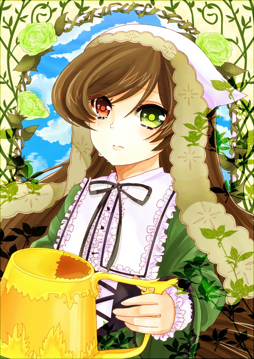 1girl black_ribbon brown_hair cloud dress flower frills green_dress green_eyes head_scarf heterochromia image long_hair long_sleeves plant red_eyes ribbon rose sky solo suiseiseki vines watering_can