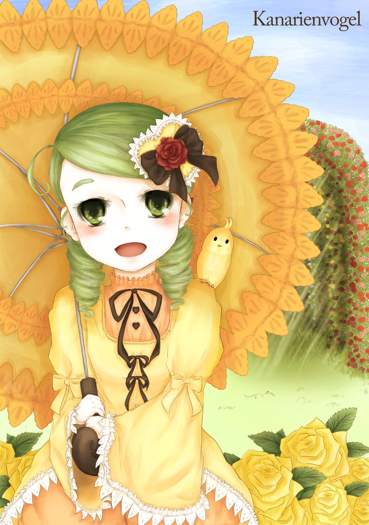 1girl blush dress drill_hair flower frills green_eyes green_hair holding_umbrella hydrangea image kanaria lolita_fashion long_sleeves open_mouth parasol pink_rose rain red_flower red_rose rose smile solo umbrella yellow_dress yellow_flower yellow_rose