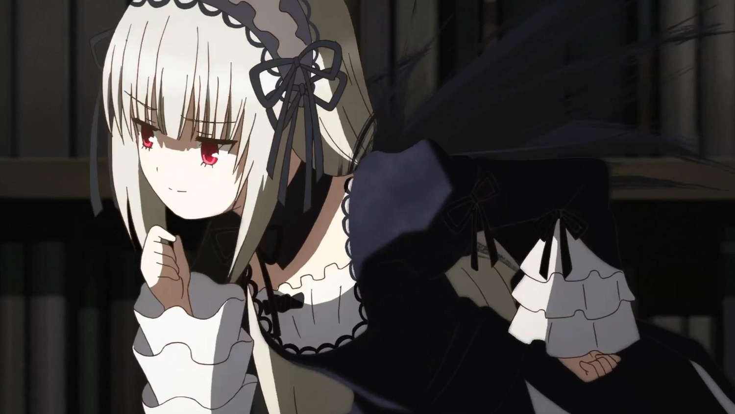 1girl bangs black_dress black_ribbon closed_mouth dress eyebrows_visible_through_hair frills hairband image long_hair long_sleeves red_eyes ribbon silver_hair solo suigintou upper_body