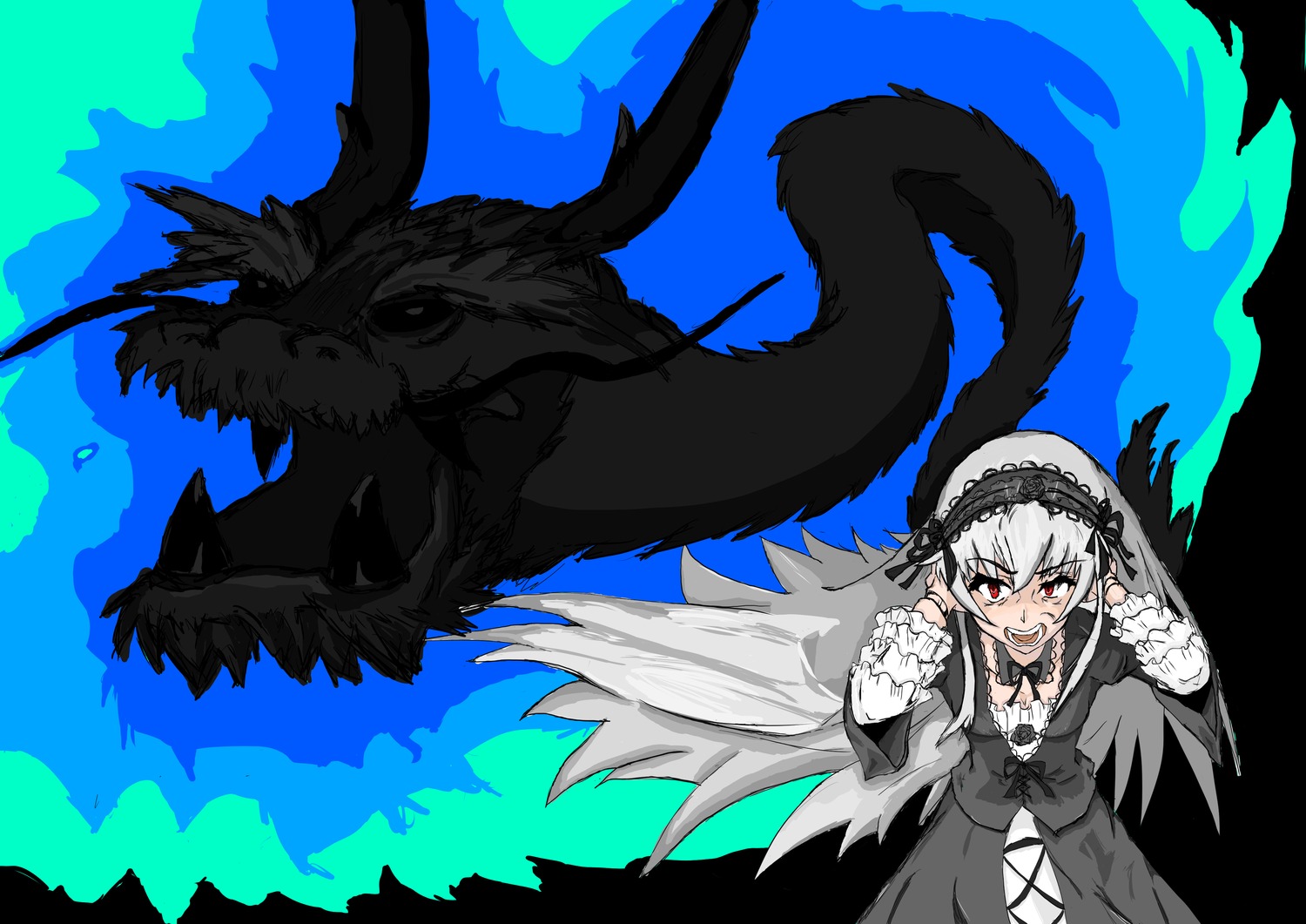 1girl black_dress black_wings dress flower frills hairband image lolita_hairband long_hair long_sleeves open_mouth red_eyes ribbon rose silver_hair solo suigintou teeth wings