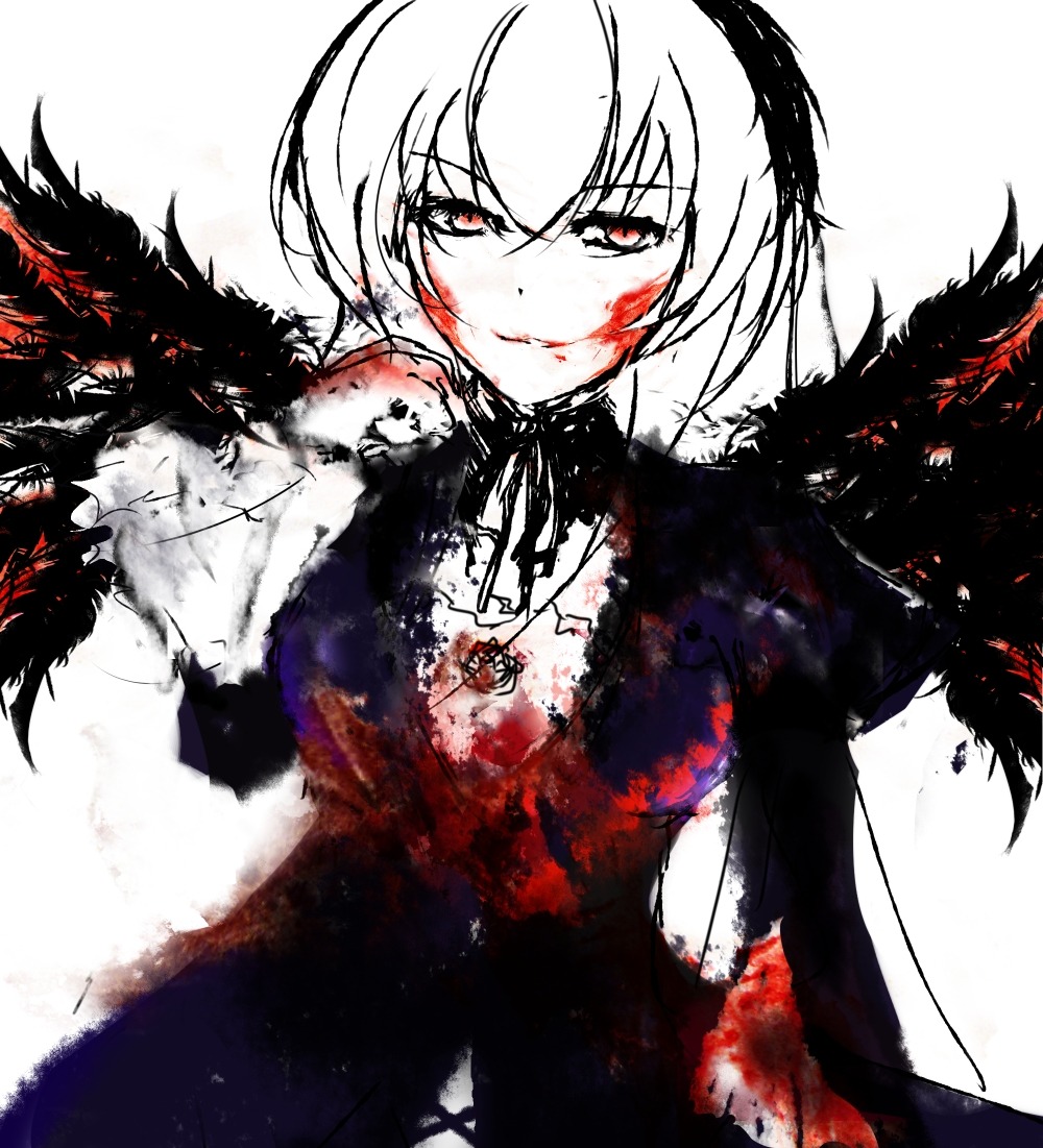 1girl blood blood_on_face blood_splatter bloody_clothes fur_trim image long_sleeves looking_at_viewer red_eyes smile solo suigintou upper_body white_background