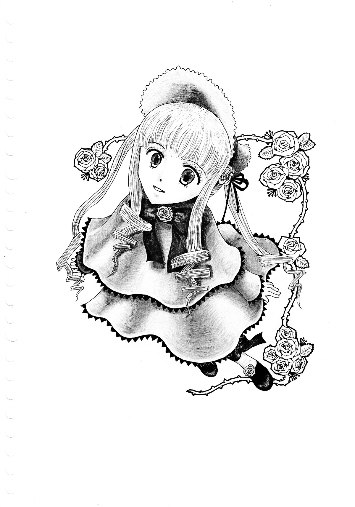 1girl dress drill_hair flower greyscale image long_hair long_sleeves looking_at_viewer monochrome rose shinku solo