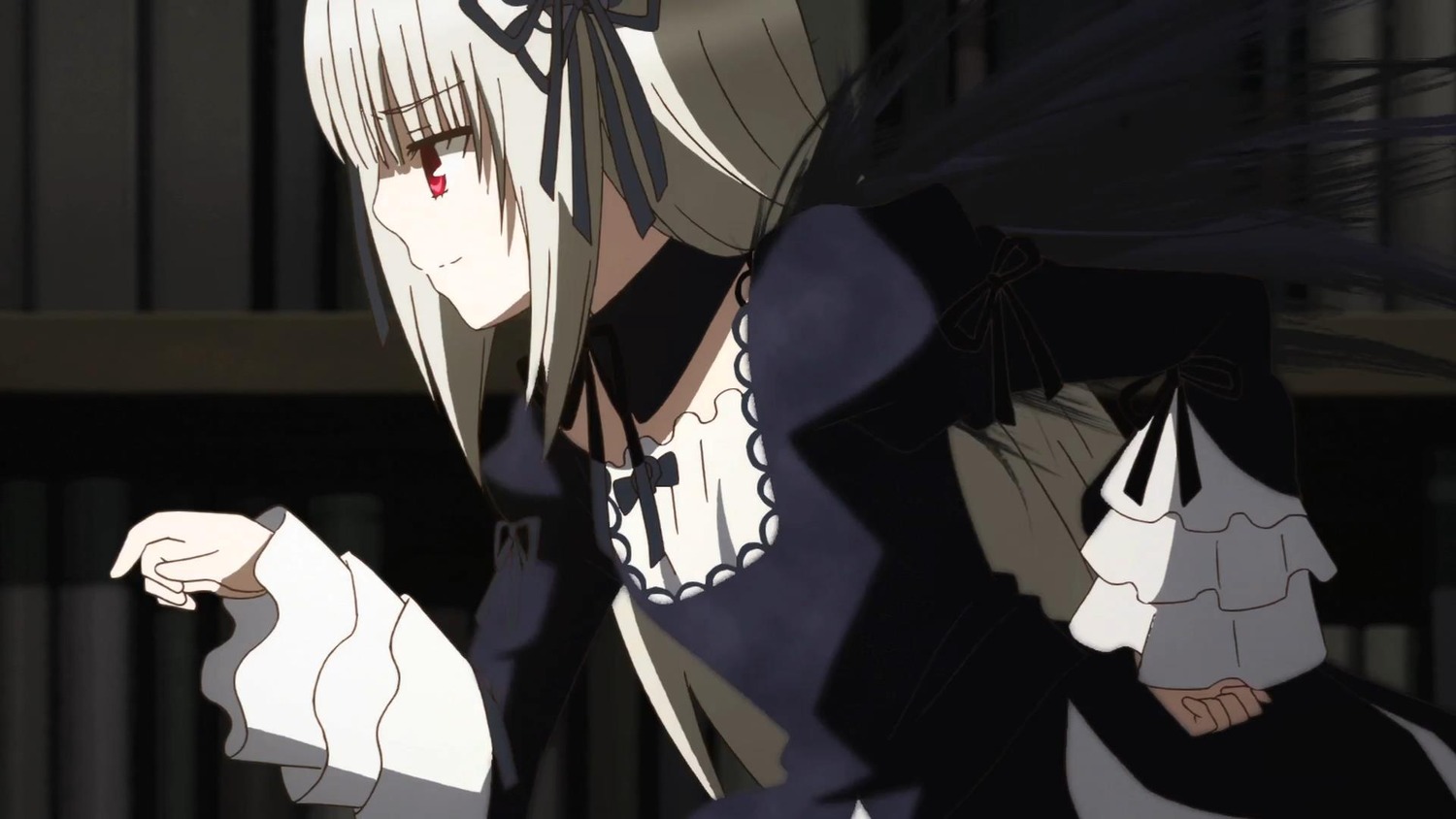 1girl black_dress closed_mouth dress frills hairband image juliet_sleeves long_hair long_sleeves profile red_eyes ribbon silver_hair solo suigintou upper_body very_long_hair wings