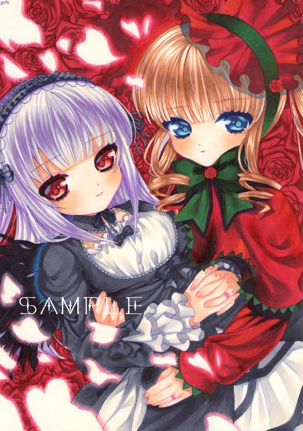 2girls blonde_hair blue_eyes blush bonnet bow dress drill_hair flower frills hairband holding_hands image interlocked_fingers lolita_fashion long_hair long_sleeves looking_at_viewer multiple_girls pair red_eyes red_flower red_rose rose shinku silver_hair smile suigintou wings