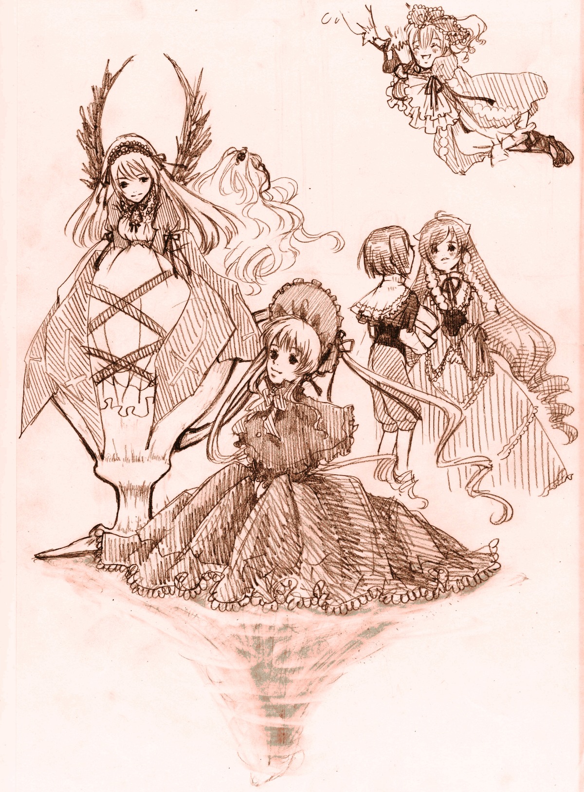 6+girls bonnet bow dress flower hairband hina_ichigo image long_hair long_sleeves monochrome multiple multiple_girls shinku short_hair siblings smile souseiseki suigintou suiseiseki tagme twintails very_long_hair wings