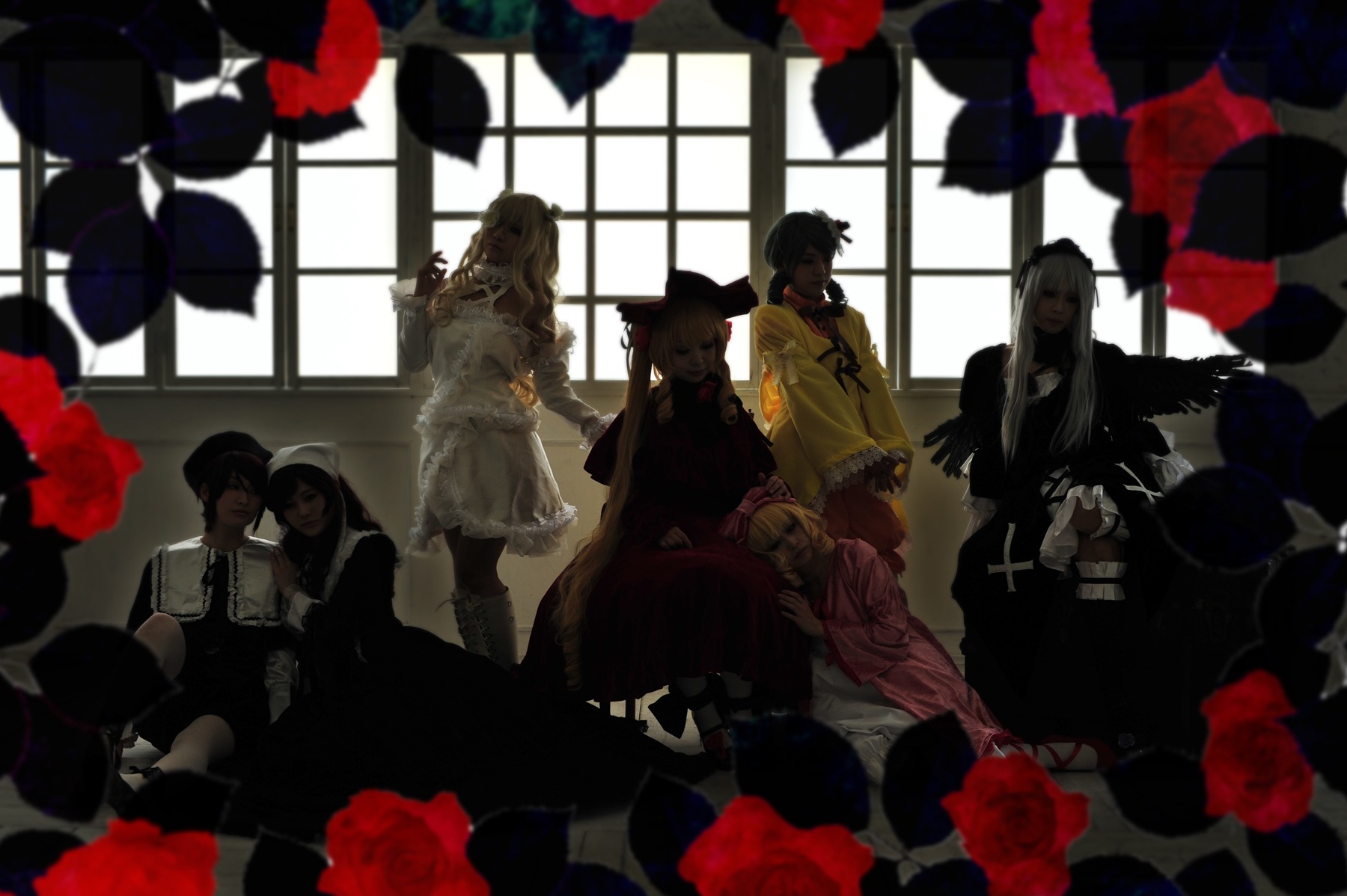 6+girls black_hair blonde_hair blood blurry blurry_foreground camellia depth_of_field dress flower hat indoors long_hair multiple_cosplay multiple_girls red_flower red_rose rose rose_petals short_hair sitting skirt tagme twintails window