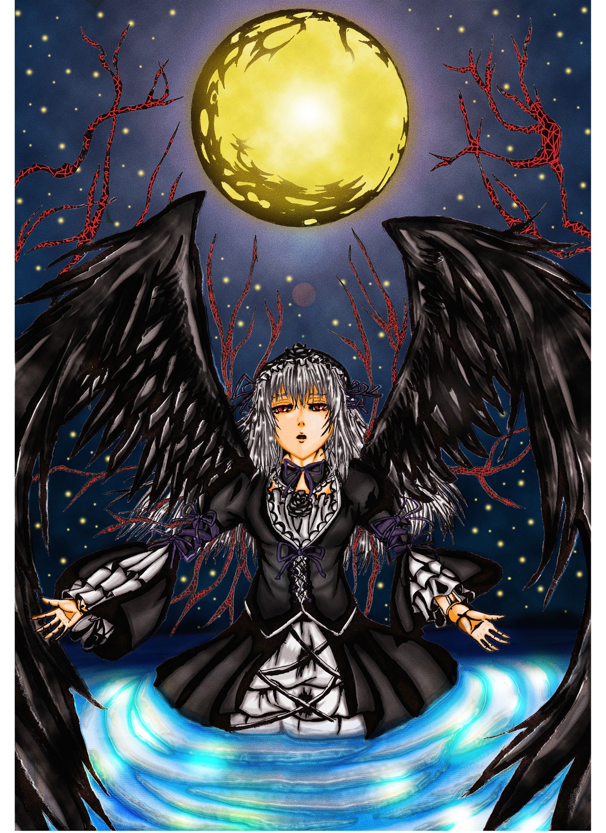 1girl black_wings dress frills full_moon gothic_lolita hairband image lolita_fashion moon night red_eyes ribbon silver_hair solo suigintou wings