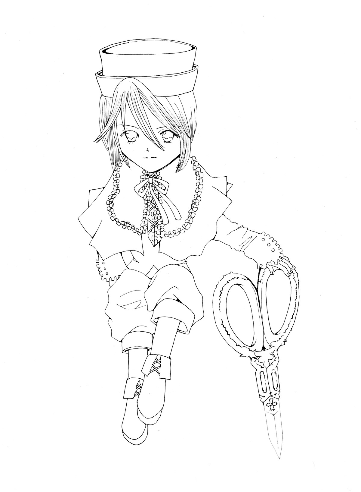 1boy boots capelet full_body greyscale hair_between_eyes hat image long_sleeves looking_at_viewer monochrome shorts sitting solo souseiseki top_hat