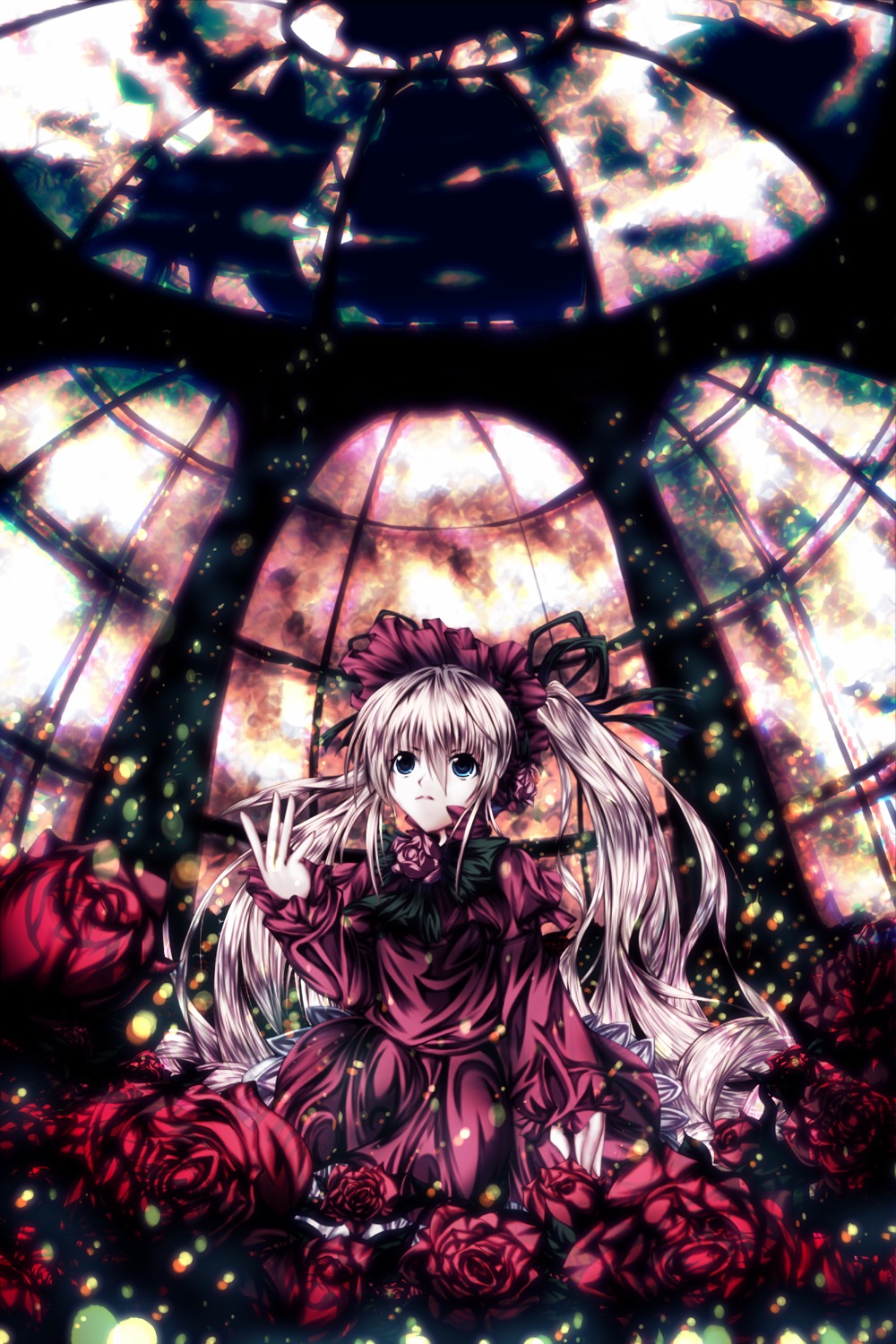 2girls blonde_hair blue_eyes dress flower image long_hair multiple_girls pink_rose red_dress red_flower red_rose rose shinku silver_hair solo suigintou very_long_hair wings