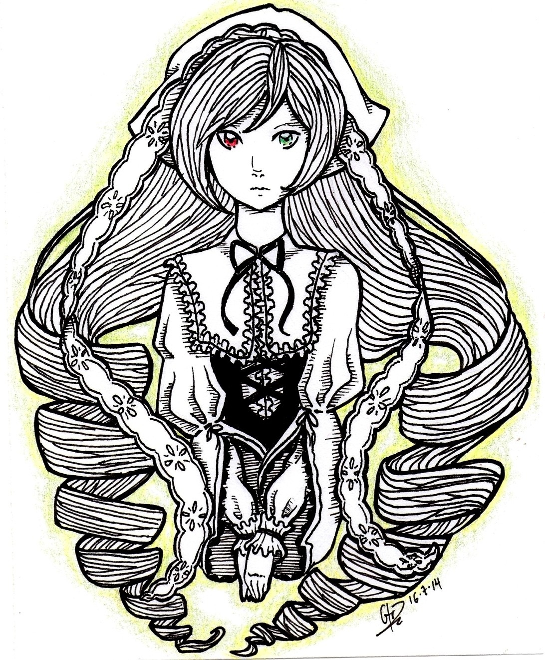 1girl dress drill_hair head_scarf heterochromia image lolita_fashion long_hair long_sleeves monochrome pointy_ears red_eyes solo spot_color striped suiseiseki traditional_media twin_drills vertical_stripes very_long_hair