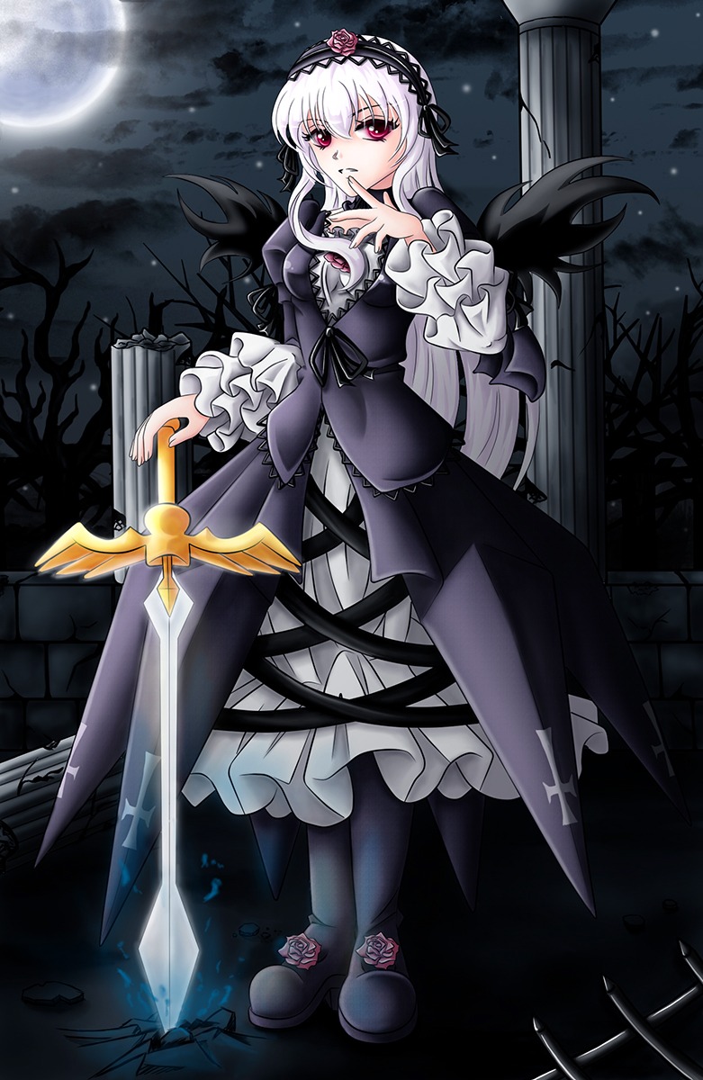 1girl dress flower frilled_sleeves frills full_moon gothic_lolita hairband image lolita_fashion long_hair long_sleeves moon night pantyhose red_eyes rose silver_hair sky solo suigintou sword weapon wings