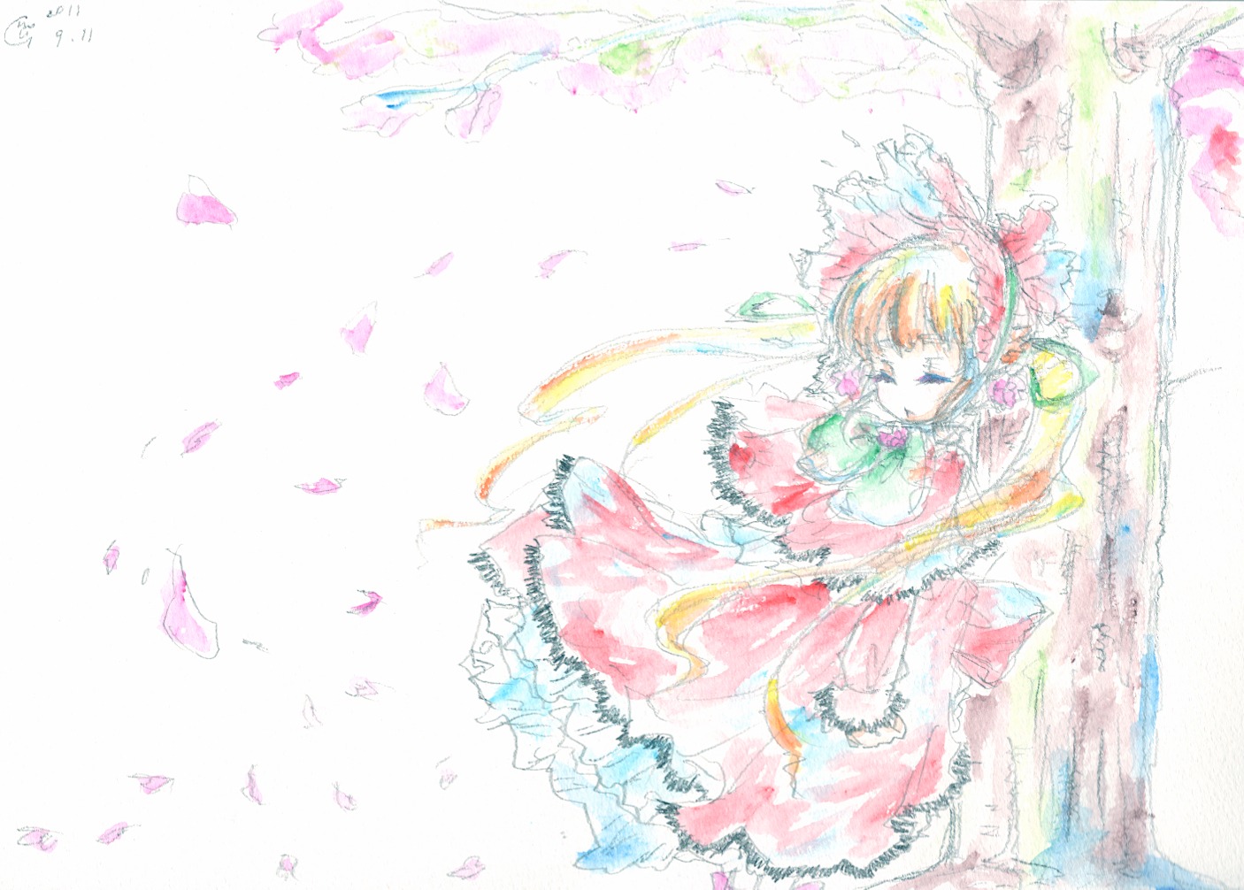 1girl bird brown_hair closed_eyes dress feathers flower frills long_sleeves petals solo striped vertical_stripes watercolor_(medium)