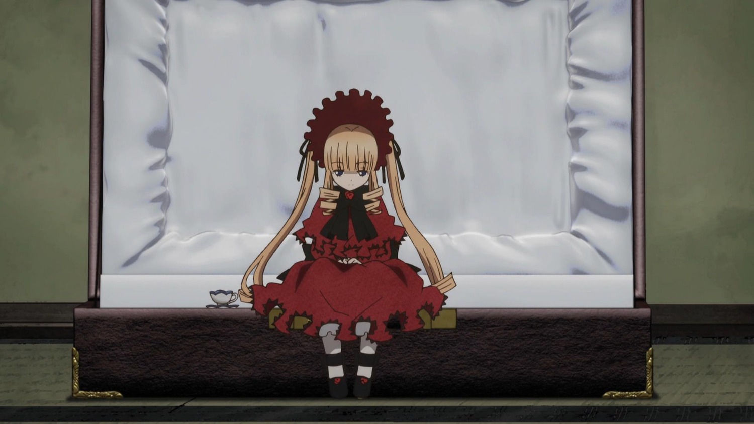 1girl blonde_hair bonnet bow dress image long_hair long_sleeves looking_at_viewer photo red_dress shinku sitting solo twintails