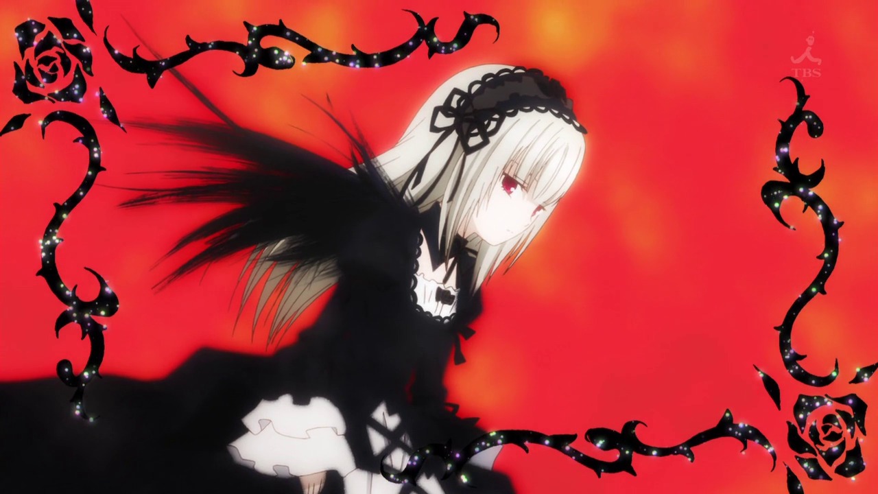 1girl bangs black_dress black_ribbon dress flower frilled_sleeves frills hairband image long_hair long_sleeves red_eyes red_flower red_rose ribbon rose silver_hair solo suigintou very_long_hair wings