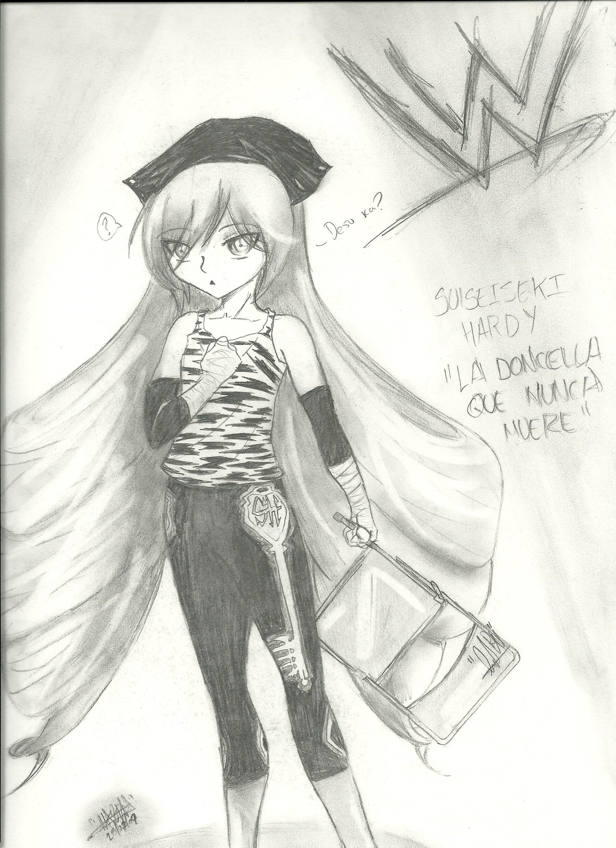 1girl bare_shoulders dated dress elbow_gloves gloves graphite_(medium) greyscale hat heart image long_hair monochrome sketch solo suiseiseki traditional_media weapon
