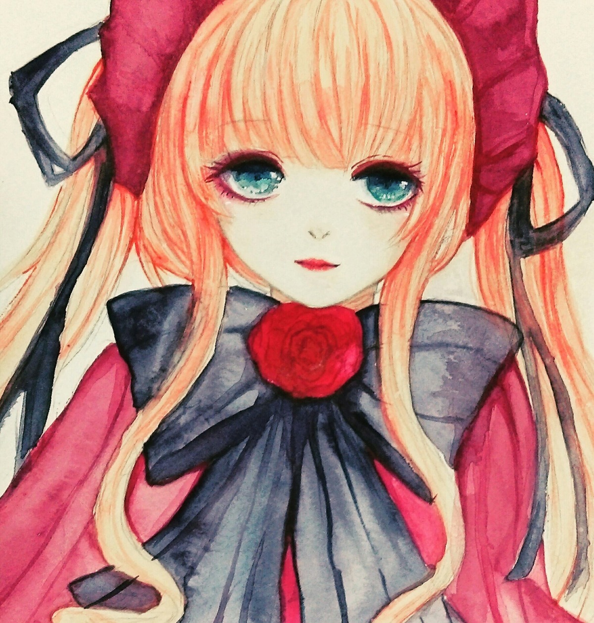 1girl blonde_hair blue_eyes bow flower hair_ribbon hat image long_hair looking_at_viewer millipen_(medium) red_flower red_rose ribbon rose shinku simple_background solo traditional_media twintails upper_body watercolor_(medium) white_background