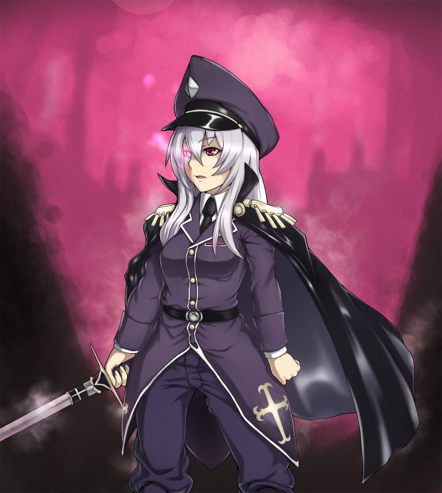 1girl belt cape hat image long_hair military military_uniform pants peaked_cap red_eyes solo suigintou sword uniform weapon white_hair