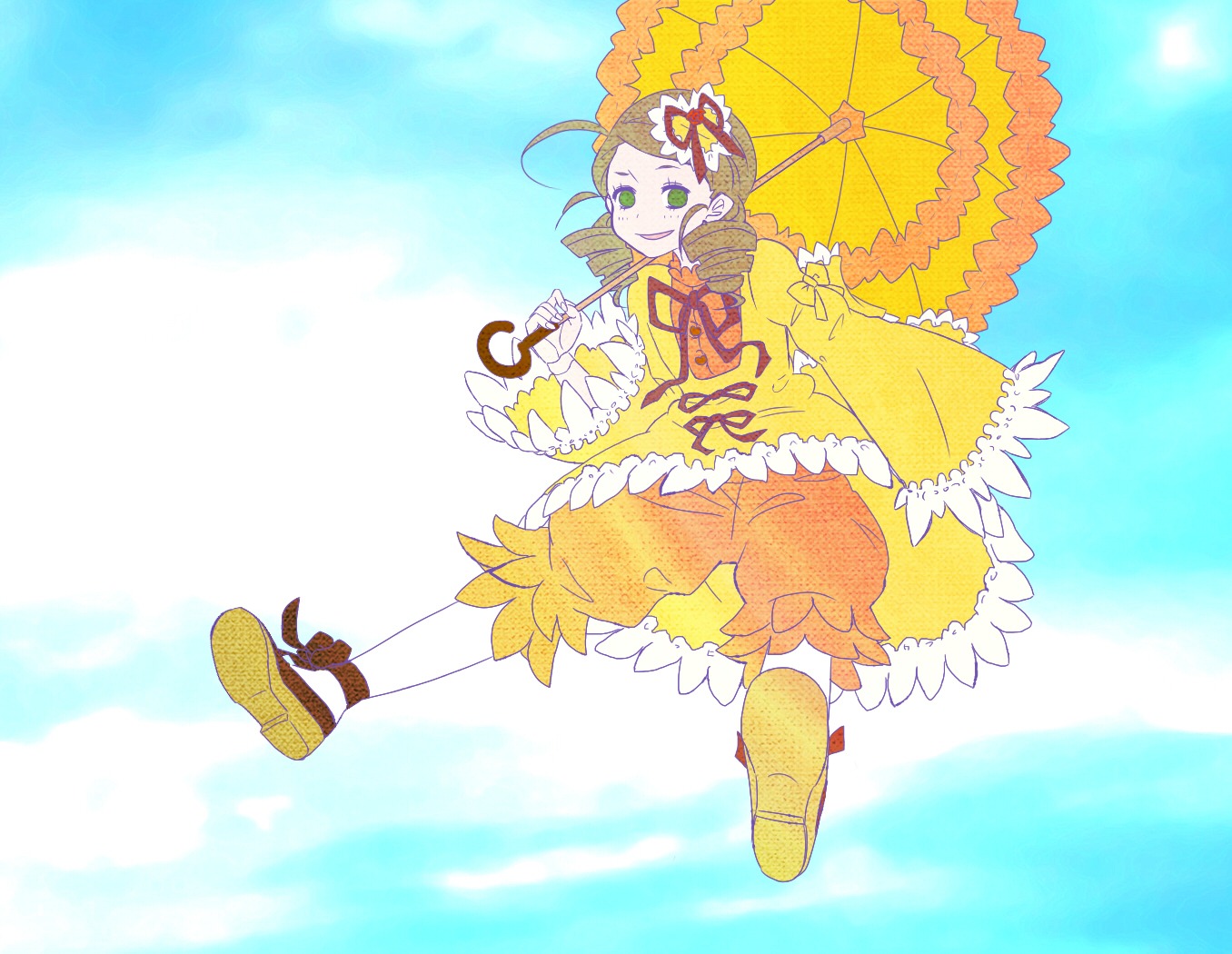 1girl auto_tagged bloomers brown_hair dress frills green_eyes hair_ornament holding_umbrella image kanaria parasol personification smile solo umbrella underwear yellow_footwear