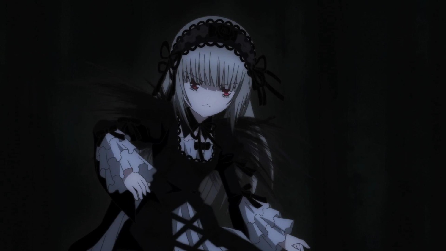 1girl bangs black_background black_dress black_ribbon closed_mouth dress eyebrows_visible_through_hair frills hairband image long_hair long_sleeves looking_at_viewer red_eyes ribbon silver_hair solo suigintou wide_sleeves