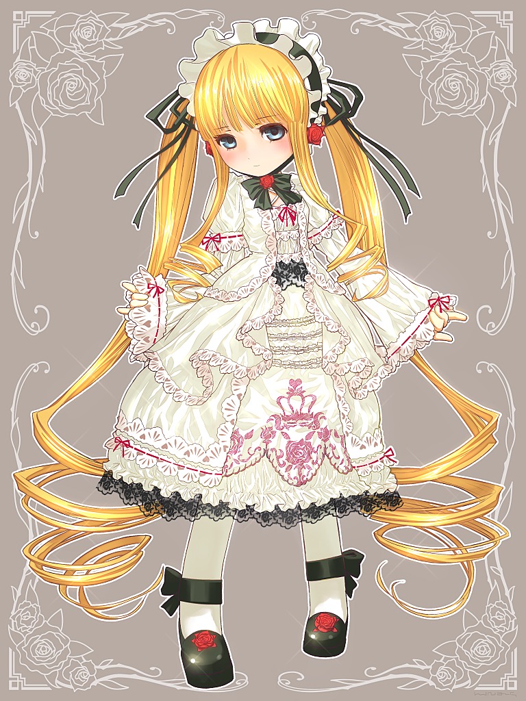 1girl blonde_hair blue_eyes blush bow dress drill_hair flower gothic_lolita image lolita_fashion long_hair pantyhose ribbon rose shinku solo twintails very_long_hair white_legwear