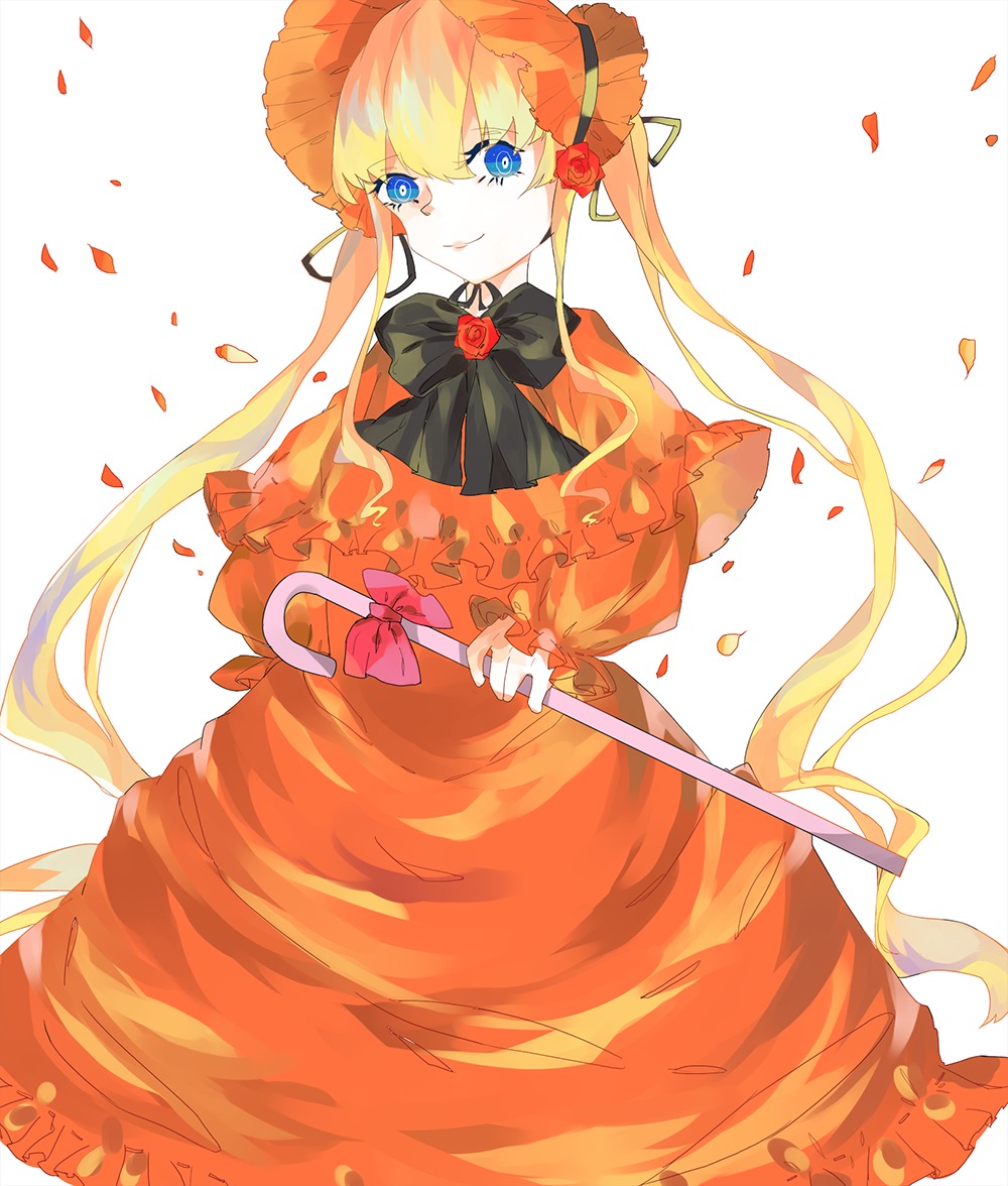 1girl blonde_hair blue_eyes bow capelet dress flower image long_hair petals red_dress red_flower red_rose rose rose_petals shinku smile solo twintails very_long_hair white_background
