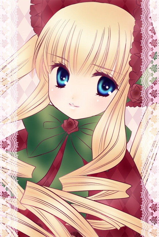 1girl blonde_hair blue_eyes blush bonnet bow bowtie dress drill_hair flower green_bow image long_hair long_sleeves looking_at_viewer pink_rose rose shinku sidelocks smile solo upper_body