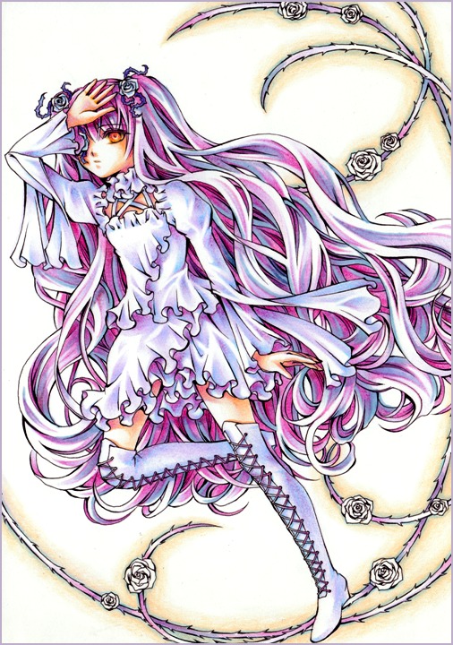 1girl barasuishou boots cross-laced_footwear dress flower frills hair_flower hair_ornament image knee_boots long_hair long_sleeves pink_rose purple_hair purple_rose rose solo traditional_media very_long_hair white_dress white_flower white_footwear white_rose