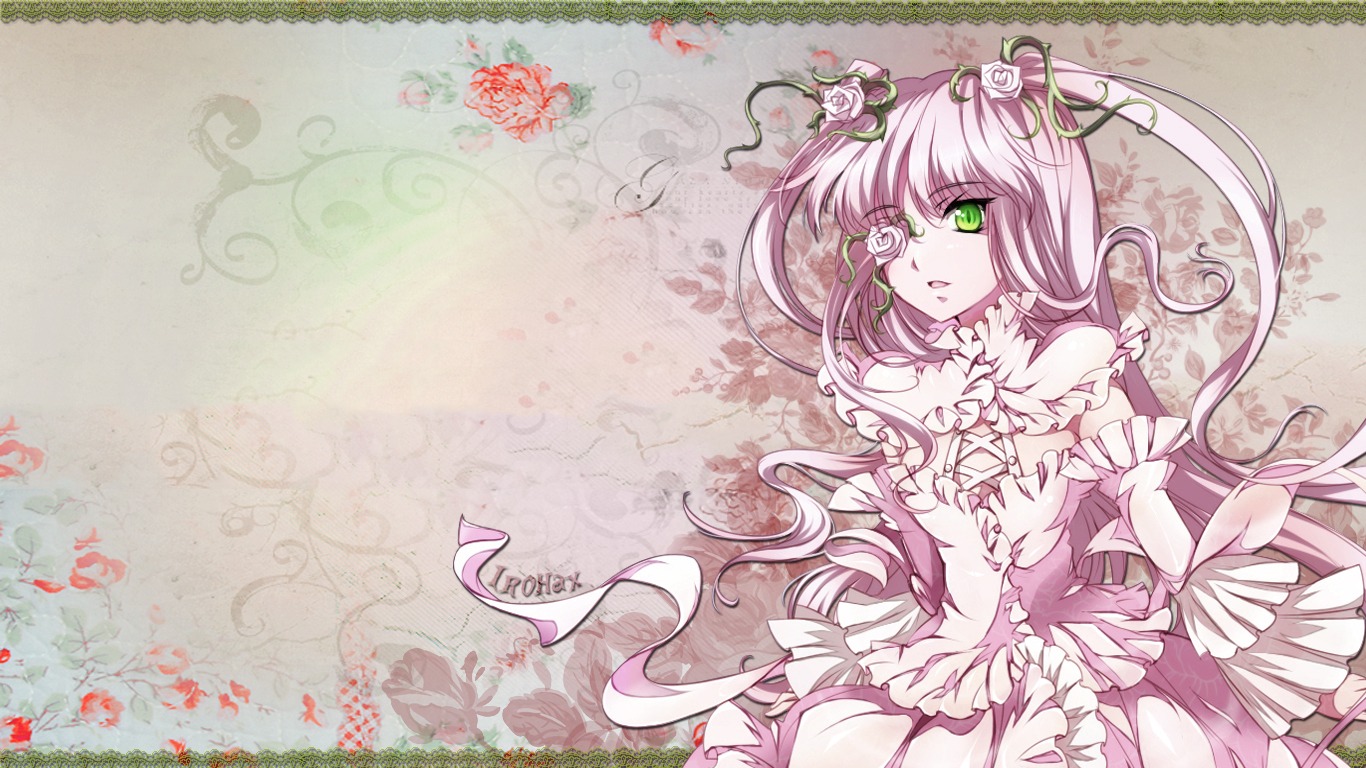 1girl auto_tagged dress flower frills gloves green_eyes image kirakishou long_hair pink_hair rose solo vines