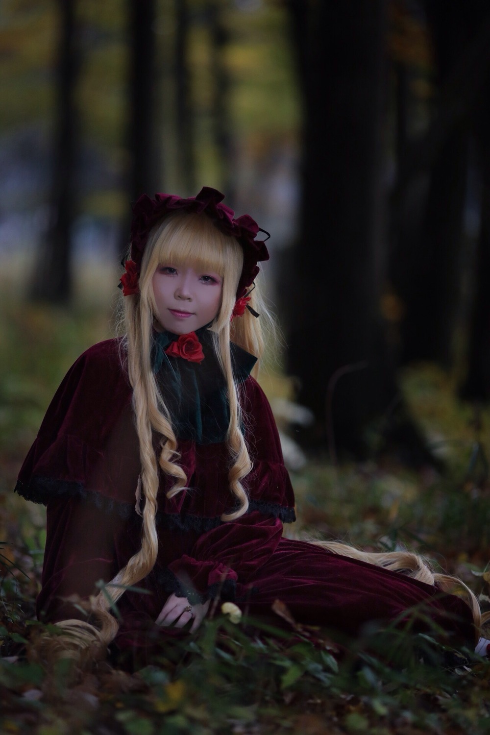 1girl blonde_hair blurry blurry_background bonnet bow capelet depth_of_field dress flower long_hair long_sleeves red_dress rose shinku sitting solo