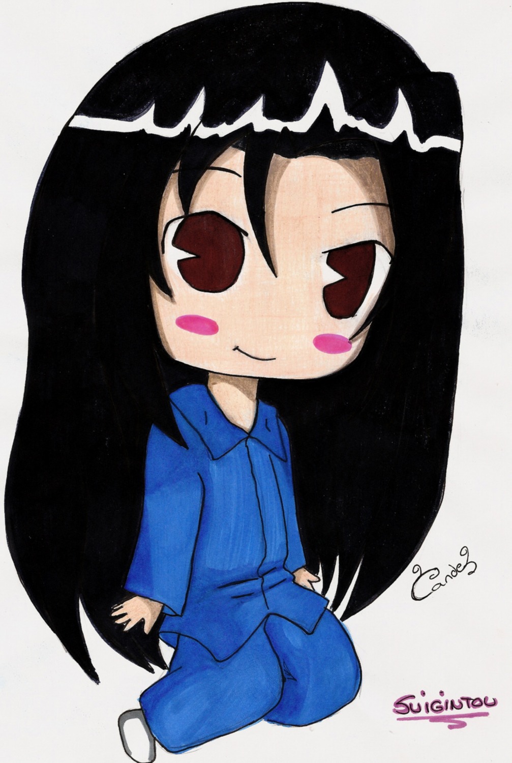 1girl artist_name black_hair blue_shirt blush_stickers chibi dated full_body human image kakizaki_megu long_hair pants signature smile solo very_long_hair