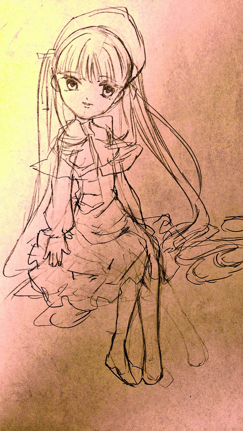 1girl dress image long_hair looking_at_viewer monochrome shinku sketch solo very_long_hair