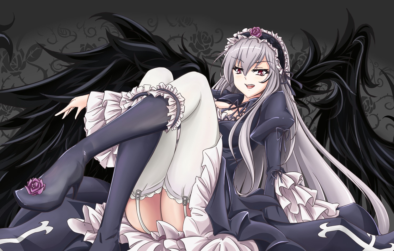 1girl black_wings boots dress flower frills garter_straps gothic_lolita hairband image lolita_fashion long_hair long_sleeves looking_at_viewer open_mouth red_eyes rose silver_hair solo suigintou thighhighs very_long_hair wings